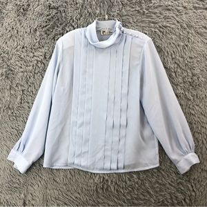 LA Blouse Womens Size 14 Pleated Side Neck Button Lightweight Mock Neck Blue Vtg
